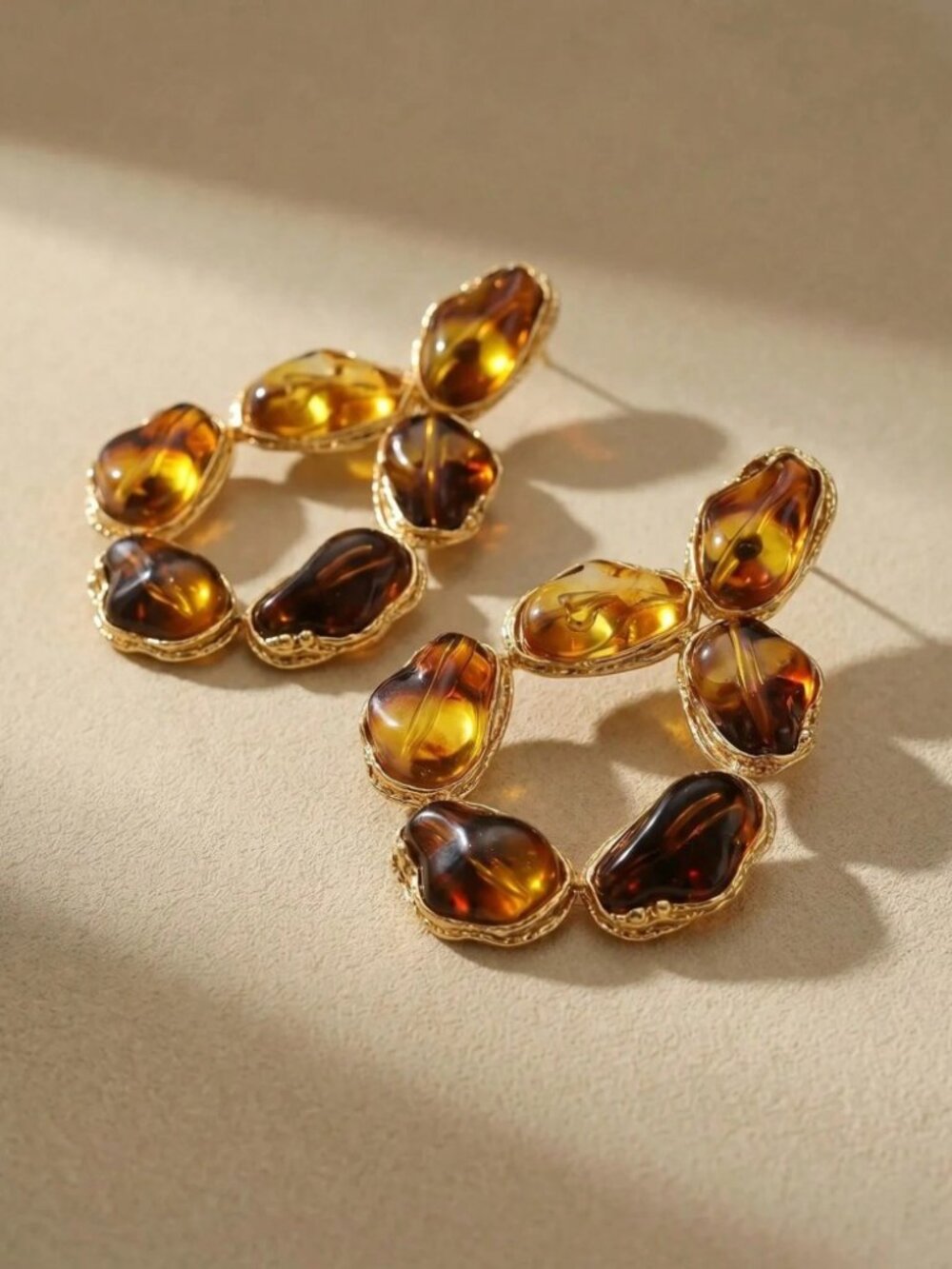 Amber Resin Cluster Statement Earrings Gold Tone